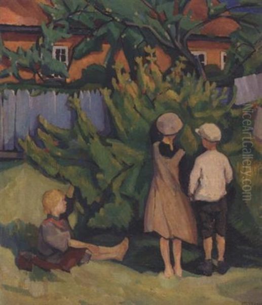 Barn Plukker Frukt Oil Painting by Otto Emil Johansen