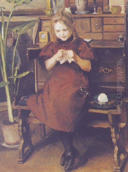 Lille Pige, Der Strikker Oil Painting by Viggo Johansen