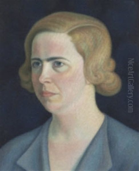 Portratt Av Kvinna I Bla Klanning Oil Painting by Stefan Johansson