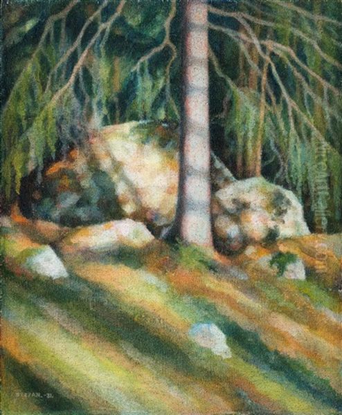 Stenar I Skog Oil Painting by Stefan Johansson
