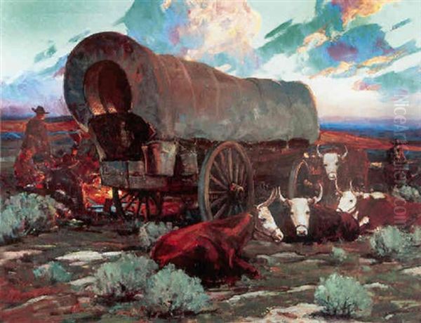 An Evening Campfire Oil Painting by Frank Tenney Johnson