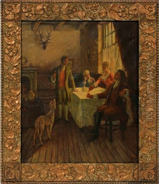 Depicting Figures Gathered In The Home. Oil Painting by Harry Hamilton Johnston