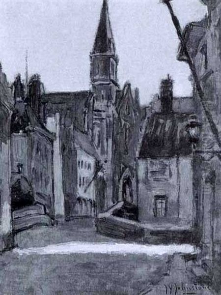 Village In Flanders Oil Painting by John Young Johnstone