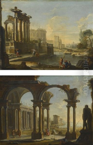 Architectural Capriccio With Figures Among Classical Ruins By An Inlet; Architectural Capriccio With Figures Under A Ruined Colonnade Oil Painting by Antonio Joli