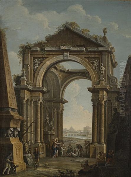 An Architectural Capriccio With Christ Raising Lazarus Oil Painting by Antonio Joli