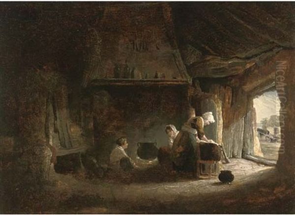 Figures In An Interior Of A Blacksmith's Workshop (+ The Interior Of A Cottage With A Woman Washing Clothes; Pair) Oil Painting by George Jones