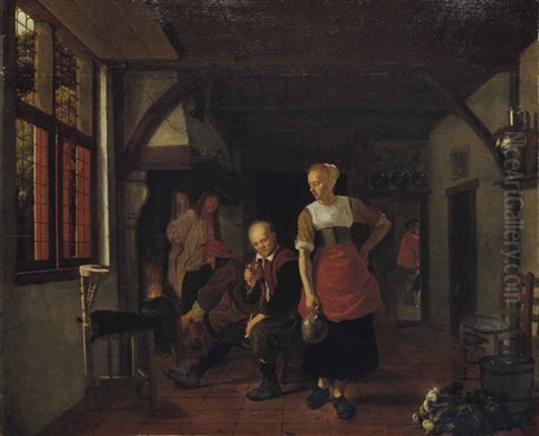 An Interior With A Maid Holding A Jug And Three Men Beside A Fire Oil Painting by Ludolf de Jongh