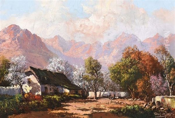 Cottage With Orchard In Blossom Oil Painting by Tinus de Jongh