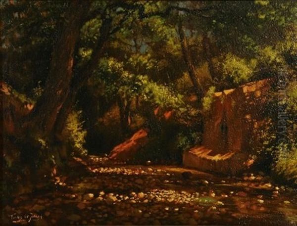 A River Bed With Oak Tree Oil Painting by Tinus de Jongh