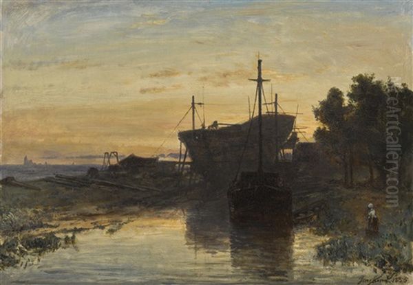 Chantier Naval Oil Painting by Johan Barthold Jongkind
