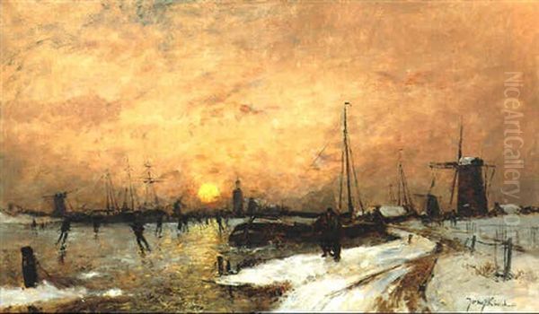 Patineurs A Dordrecht Oil Painting by Johan Barthold Jongkind