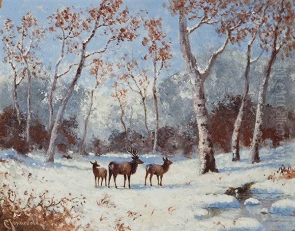 Deer Roaming In Winter Oil Painting by Carl Henrik Jonnevold