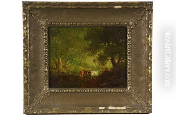 Cows Watering In Stream Oil Painting by Carl Henrik Jonnevold