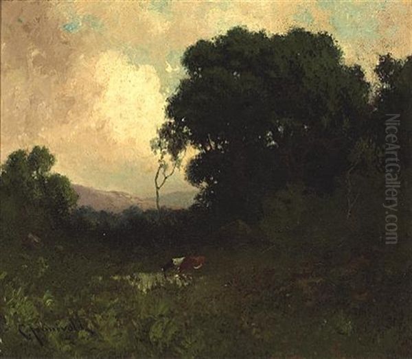 Cattle Watering At Twilight Oil Painting by Carl Henrik Jonnevold