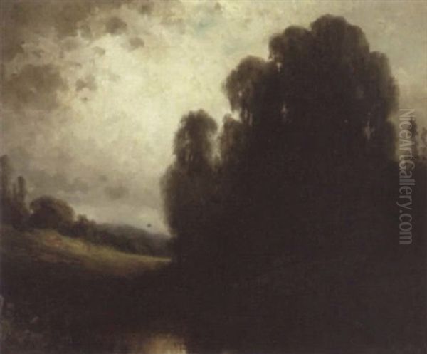 A Wooded Landscape With A Pond In The Foreground Oil Painting by Carl Henrik Jonnevold