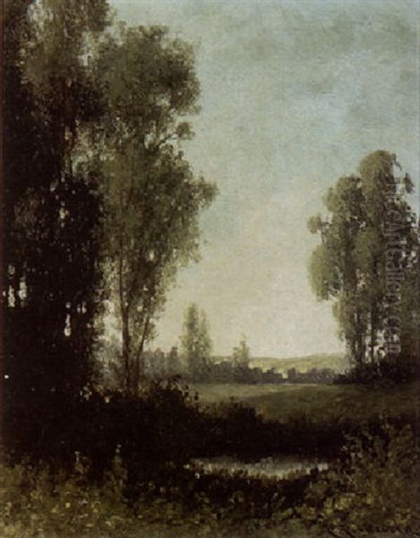 A Forest Pool With Meadows And Hills Beyond Oil Painting by Carl Henrik Jonnevold