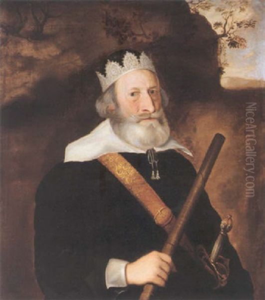 Portrait Of Sir William Monson Wearing A Black Tunic With White Collar, Holding A Baton In His Right Hand And A Sword By His Side Oil Painting by Cornelis Jonson Van Ceulen