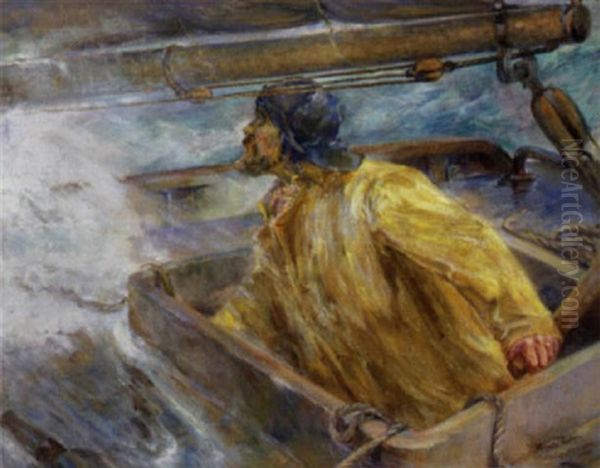 Fisker I Stormvejr Pa Havet I Tromoy Ved Arendal Oil Painting by Harald Jordan