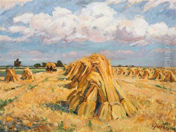 Grain Stacks Below Clouded Sky Oil Painting by Carl Joerres