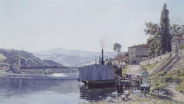 En Kone Med Sit Vasketoj Ved Flodbred, I Baggrunden Bro Og Bjerge Oil Painting by Louis Marie Adrien Jourdeuil