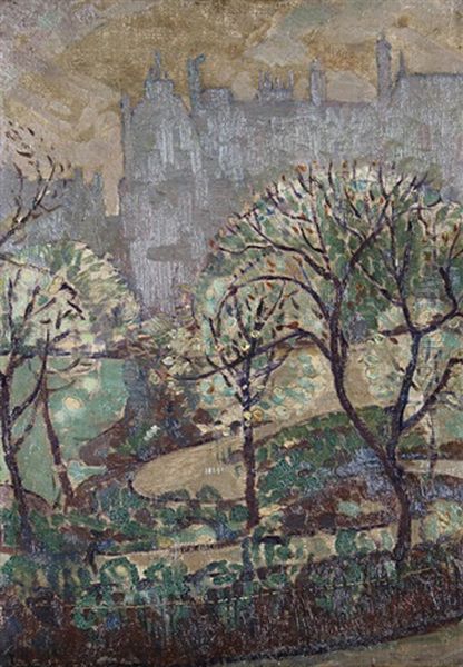 Finsbury Circus From The Library Of The School Of Oriental Studies (+ Another; 2 Works) Oil Painting by Percy Hague Jowett