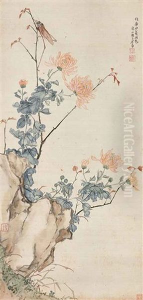 Chrysanthemum And Insect Oil Painting by  Ju Lian