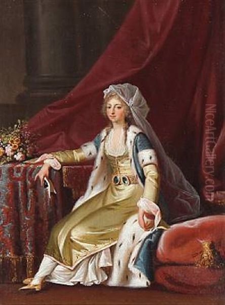 Princess Louise Augusta In A Turkish Dress. Full Length En Face. In A Yellow Dress, Blue Velvet Coat Lined With Ermine Oil Painting by Jens Juel