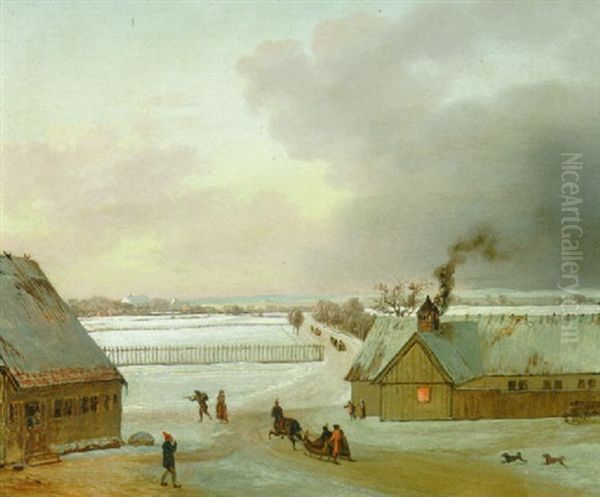 Vinterstykke Forestillende Udsigt Til Soelyst Fra Ordrup Med En Kanefaerd Oil Painting by Jens Juel