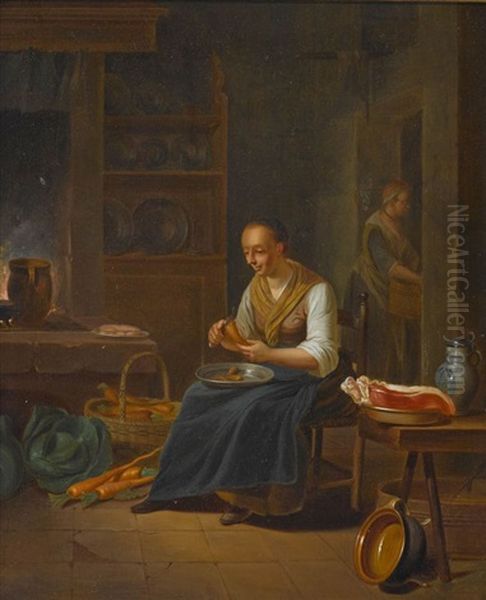 Zwei Magde In Der Kuche Oil Painting by Justus Juncker
