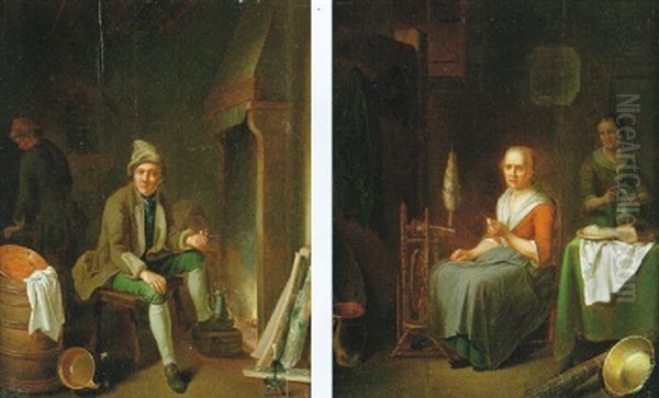 Interior Med Rokande Man Vid Brasa Oil Painting by Justus Juncker