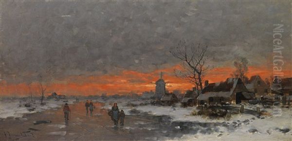 Winterlandschaft Mit Dorfsilhouette Im Abendrot Oil Painting by Johann II Jungblut