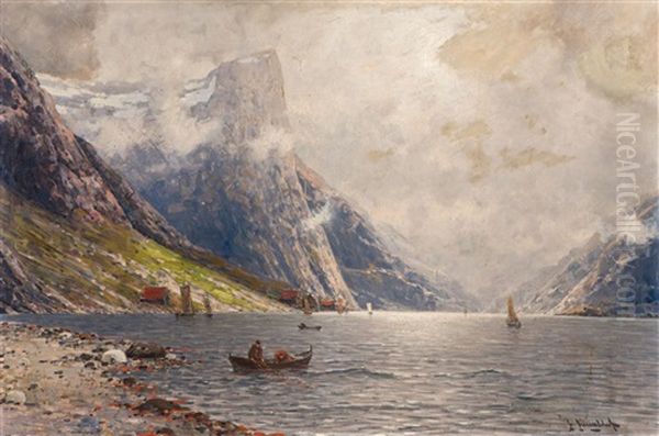Norwegian Fjord Landscape With A Fishing Boat In The Foreground Oil Painting by Johann II Jungblut Norwegian Fjord Landscape With A Fishing Boat In The Foreground Oil Painting by Johann II Jungblut
