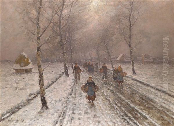 A Winter Afternoon Oil Painting by Johann Jungblut