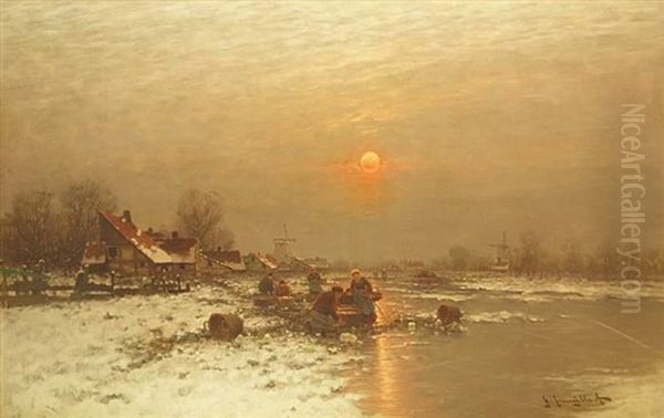 Romantische Hollandische Winterlandschaft In Abendsonne Am Fluslauf Oil Painting by Johann Jungblut