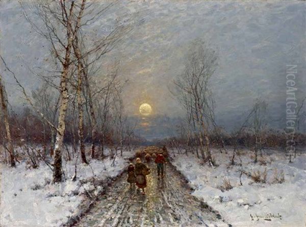 Heimkehrende Bauern In Abendlicher Winterlandschaft Oil Painting by Johann Jungblut