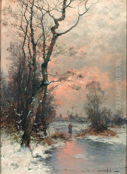 Landschaft Mit Zugefrorenem Bachlauf Und Alter Frau Im Abendrot Oil Painting by Johann II Jungblut