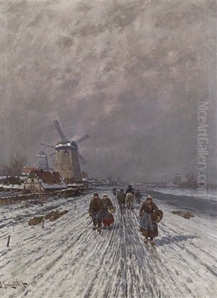 Auf Dem Weg Nahe Der Muhle Oil Painting by Johann Jungblut