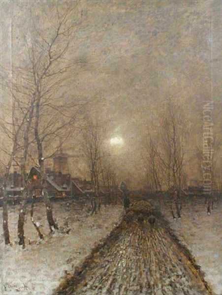 Bringing Home The Herd On A Snowy Evening Oil Painting by Johann Jungblut
