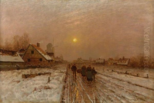 Winterabend. Bauersleute Auf Einer Dorfstrase Im Abendrot Oil Painting by Johann Jungblut