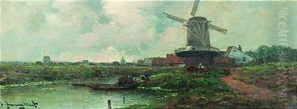 Hollandische Fluslandschaft Mit Windmuhlen Oil Painting by Johann Jungblut