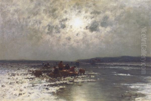 Eisfischer Bei Vollmondnacht Oil Painting by Johann Jungblut