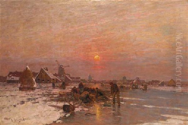 Ice Fishers On A Frozen Waterway At Dusk Oil Painting by Johann II Jungblut