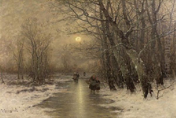 Peasants On A Frozen Waterway In Winter Oil Painting by Johann II Jungblut