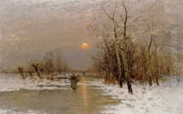 Gaende Pa En Tilfrossen Flod Oil Painting by Johann Jungblut