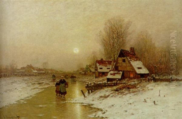A Winter Landscape With Peasants Walking On The Ice Oil Painting by Johann II Jungblut