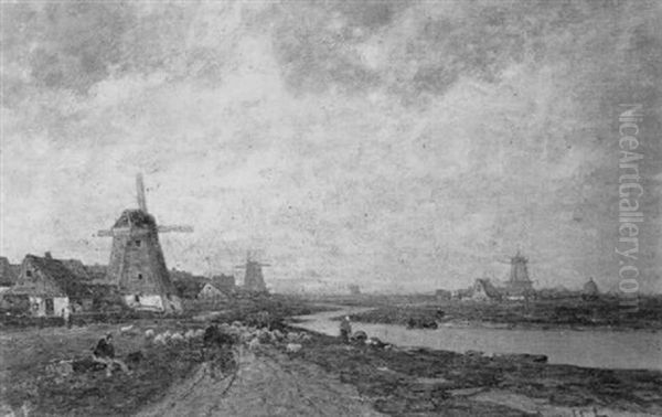 Hollandische Kanallandschaft, Im Vordergrund Schafer Mit Seiner Herde Oil Painting by Johann Jungblut