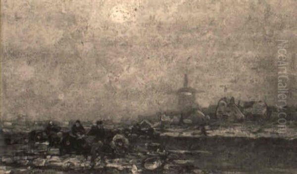 Winter Landscape With Figures Near A Town Oil Painting by Johann Jungblut