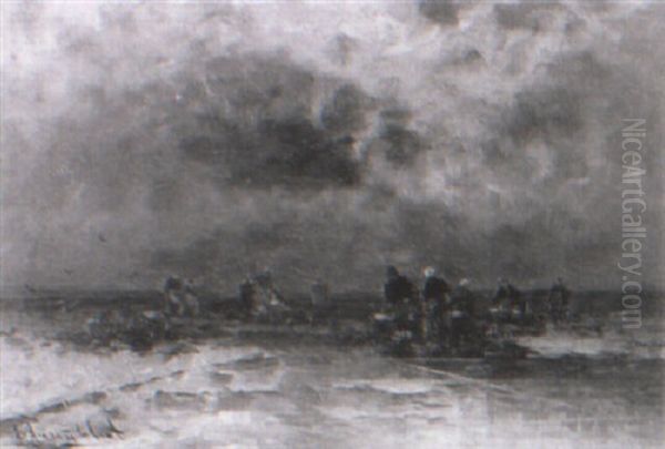 Fisherfolk On A Beach At Dusk Oil Painting by Johann II Jungblut