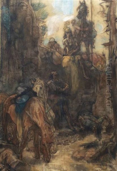 Warriors On A Mountain Pass Oil Painting by Johannes Hendricus Jurres