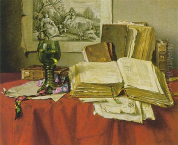 Stilleben Mit Alten Kodices, Radierung Und Romer Oil Painting by Josef Jurutka
